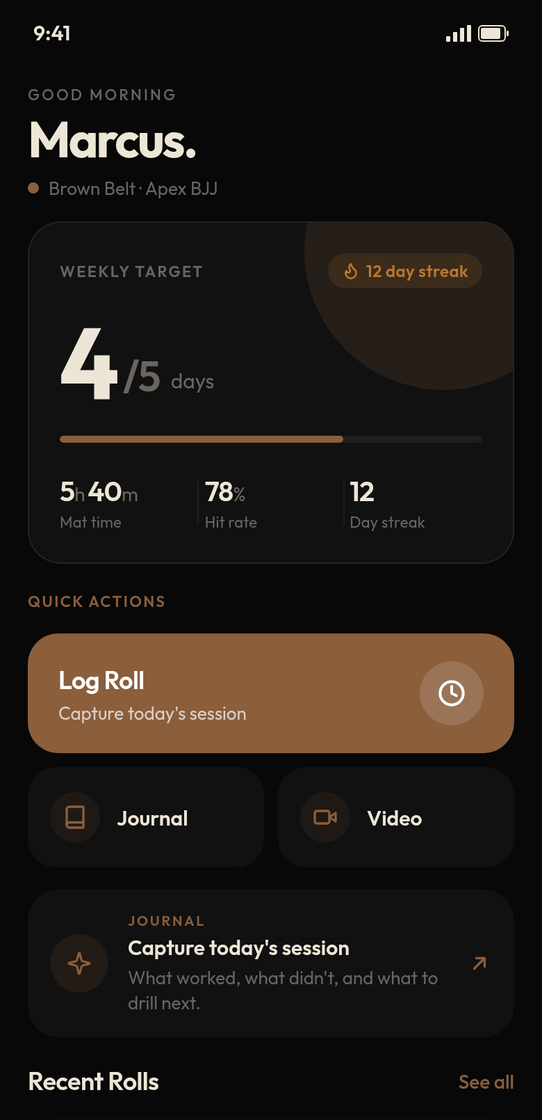 RollAI home dashboard showing a 12-day training streak, weekly stats, and recent rolls