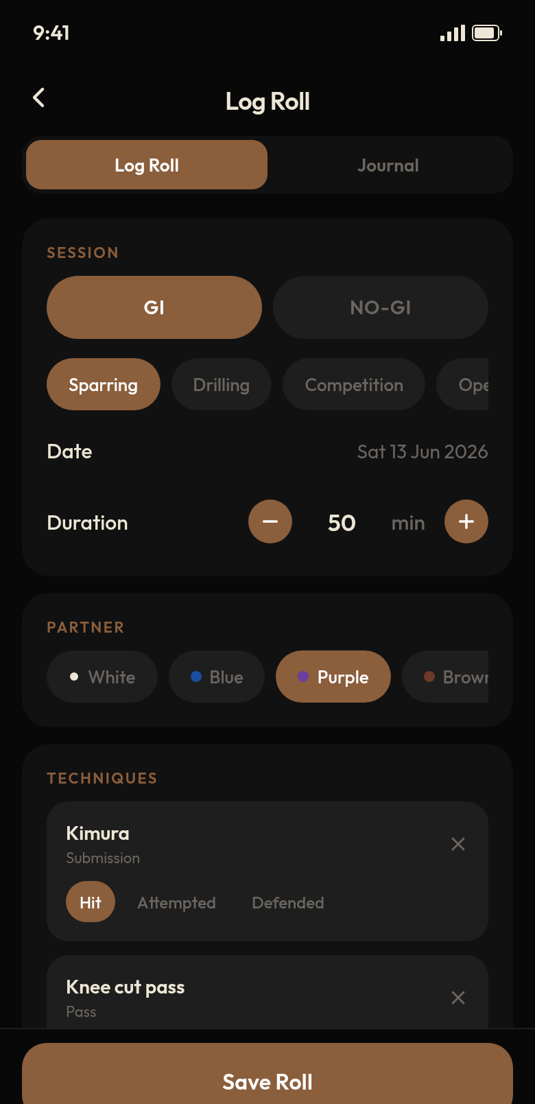 RollAI log a roll screen with gi or no-gi toggle, session type, duration, techniques, and energy level