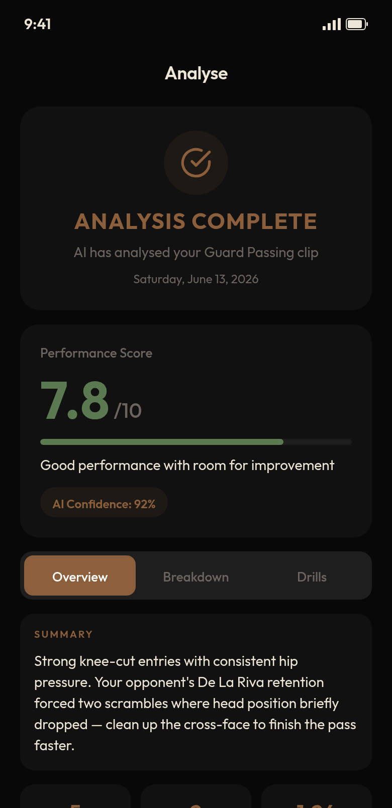 RollAI AI video analysis screen showing a performance score, summary, and detected positions from a roll clip